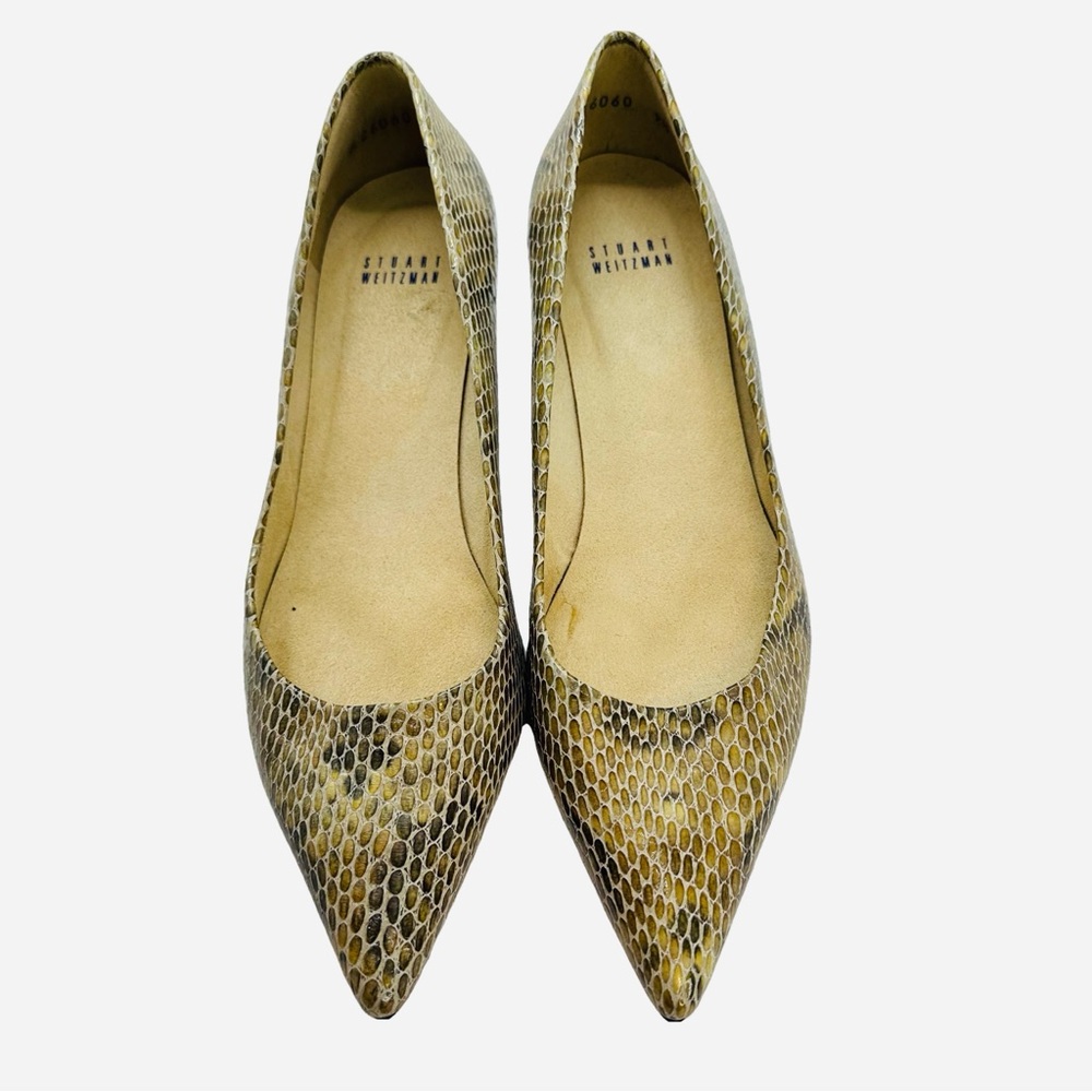 Stuart Weitzman Embossed Croc Leather Pumps Kitten Heel Pointy Toes Brown 9.5M